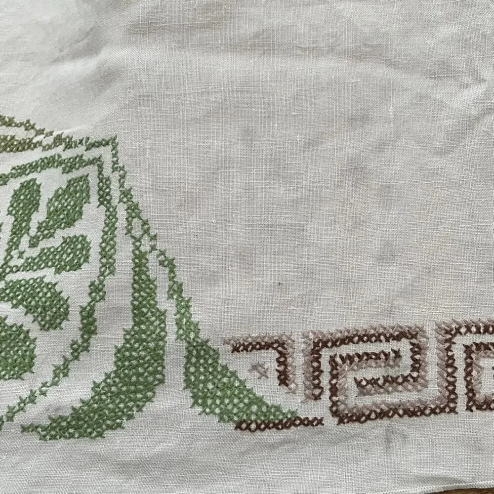 Vintage Beige Linen Tablecloth 73 x 56 Cross-stitch Embroidery Greek Key Border